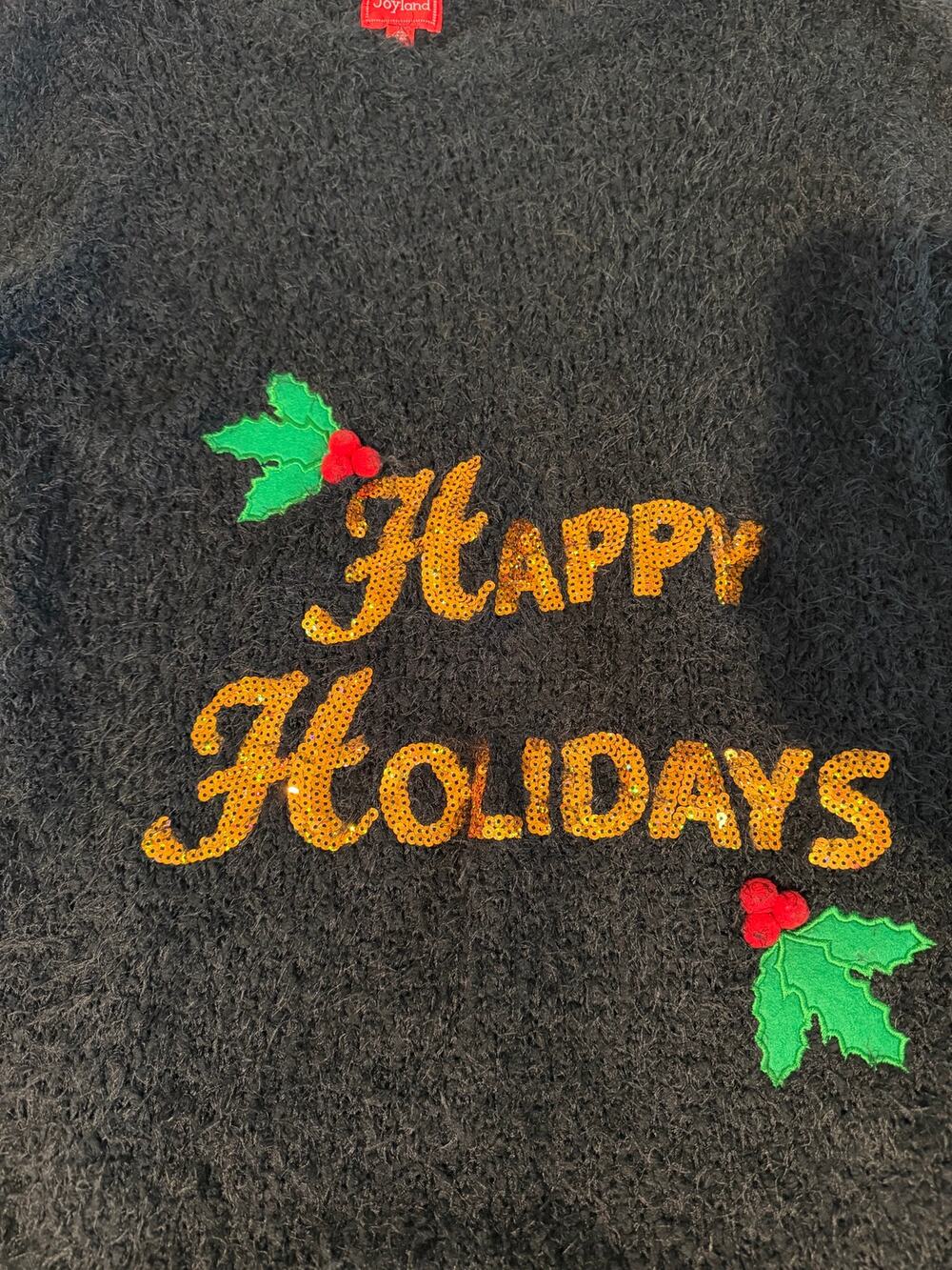 Joyland Happy Holidays Christmas Sweater M Black Fuzzy Sequin Holly